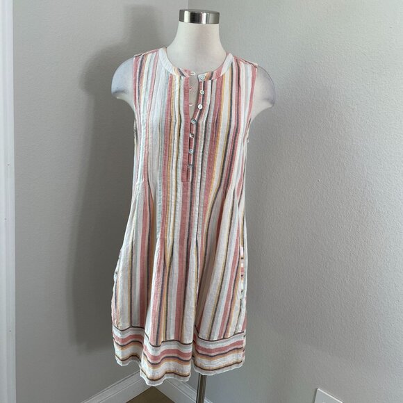 Faherty Womens Large Isha Pintuck Organic Cotton Dress Beach Stripe Sleeveless - Picture 1 of 13